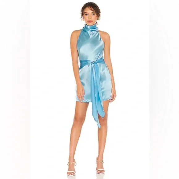 AMANDA UPRICHARD Sandrine Dress in Pacific 100% Silk Tie Front Mini Dress XS - Picture 8 of 9